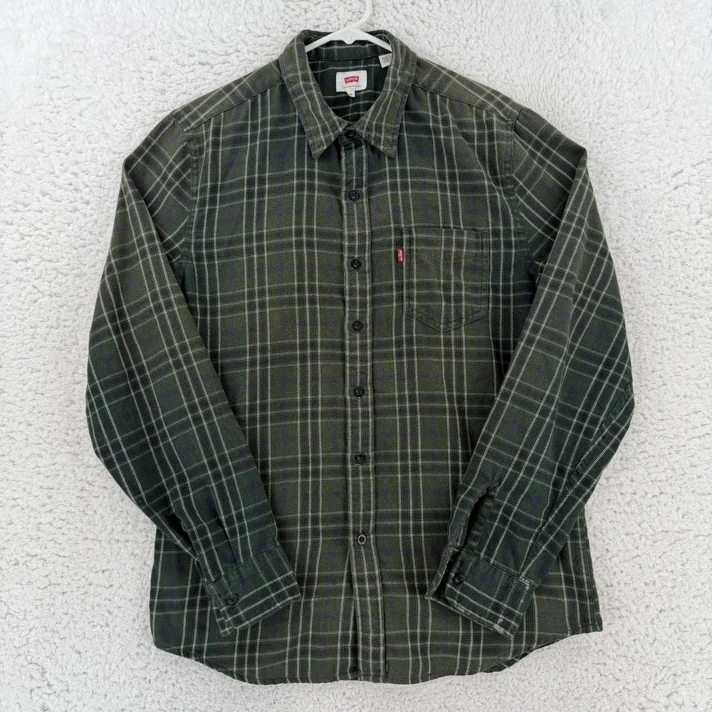 Levi's Shirt Mens Medium Green Plaid Flannel Long Sleeve Button Up Casual
